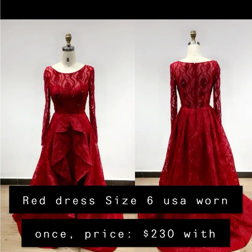 Used gorgeouss red dress. Sheer sleeves.